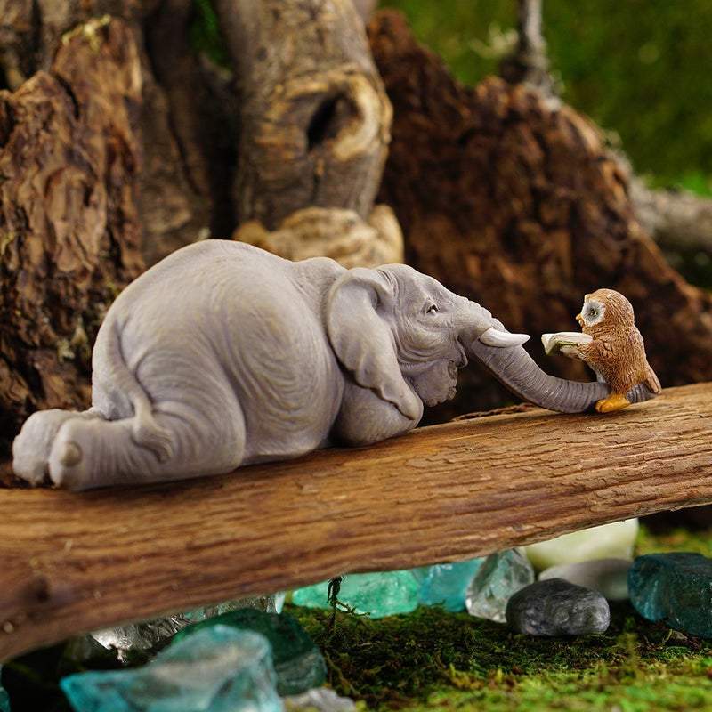 Top Collection Miniature Garden Elephant Reading Book with Owl, Gray - Image 3